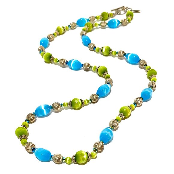 Handmade Blue and Green Cats Eye Sterling Silver 22 Inch Artisan Beaded Necklace - Picture 3 of 11